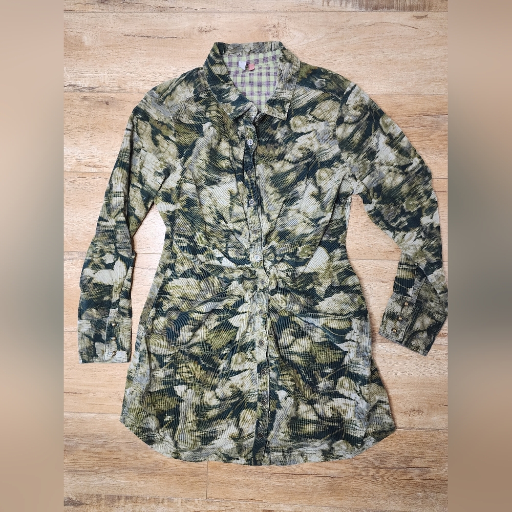 $148 Anthropologie Pilcro Corduroy Floral Camo Ruched Mini Shirt Dress 12 PETITE - Picture 3 of 8